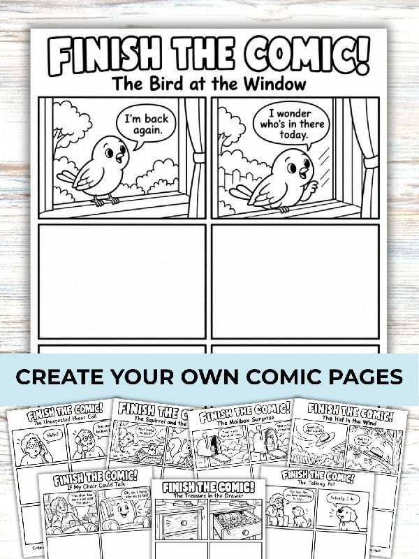 Finish the Comic, Create a Comic Book Coloring Page, Writing and Drawing Activity, 40 Story Panels, Printable Pages