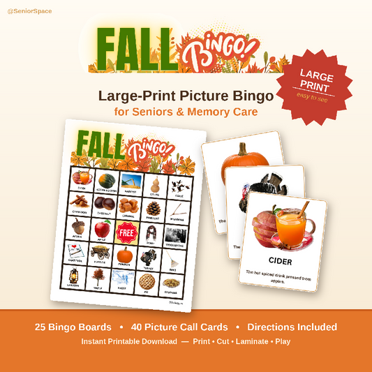 Fall Bingo for Seniors, Large Print Autumn Bingo Printable, Memory Care & Dementia Activity, Thanksgiving Game, 25 Boards + 40 Call Cards