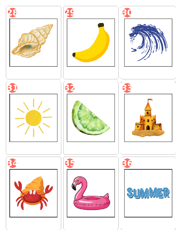 Summer Picture Bingo | Party Game | Group Bingo Game