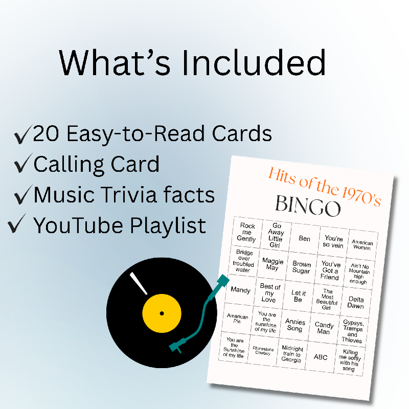 Including: 20 unique cards, call sheet with music trivia and youtube playlist