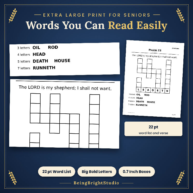 Extra Large Print Psalms Word Fill In for Seniors, 150 Bible Puzzles, KJV, Bonus Planner