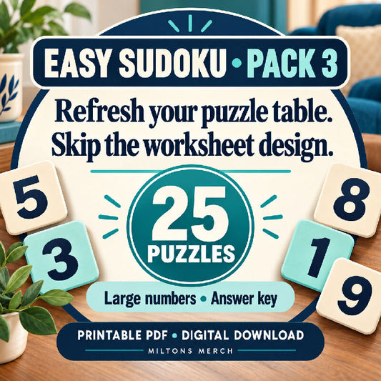 Large Print Easy Sudoku for Seniors — 25 Puzzles, Pack 3 | Printable PDF
