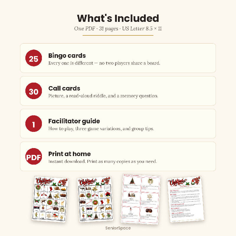 Christmas Picture Bingo, 25 Printable Cards, Call Cards with Clues, Discussion Questions