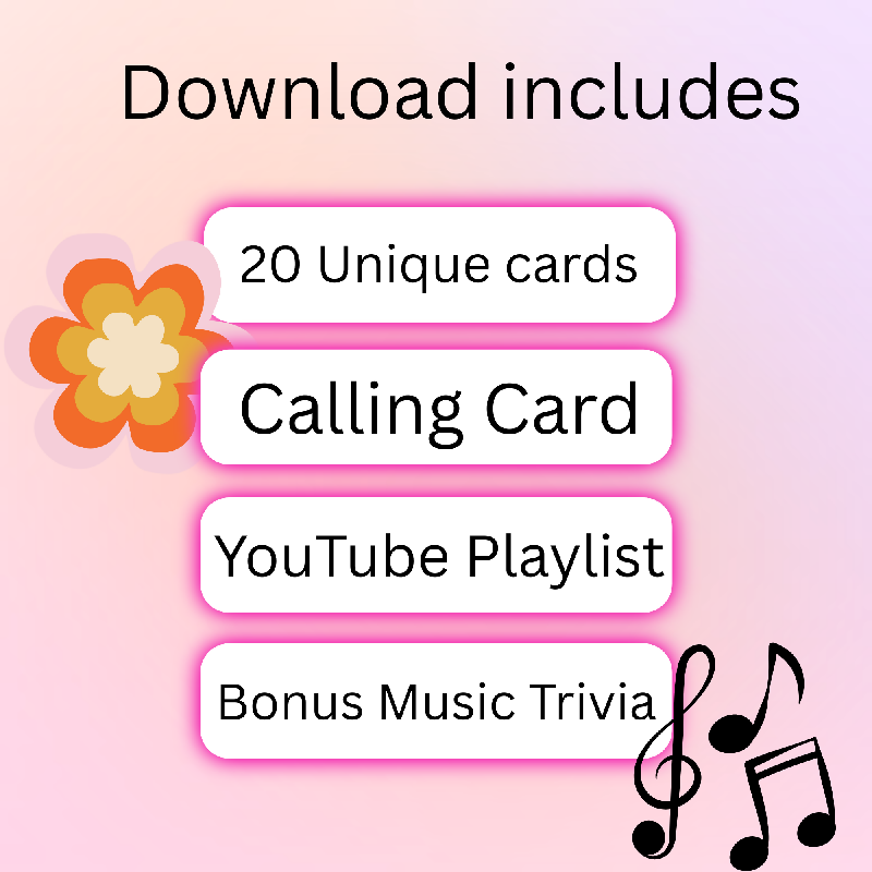 Game includes: 20 unique cards, youtube play list, call sheet with bonus music trivia questions
