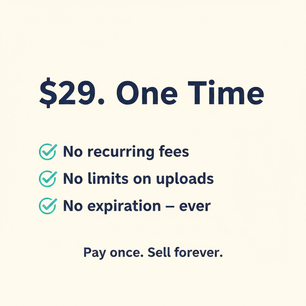 $29 one time — no recurring fees no limits on uploads no expiration ever — pay once sell forever — ADPAD seller lifetime access