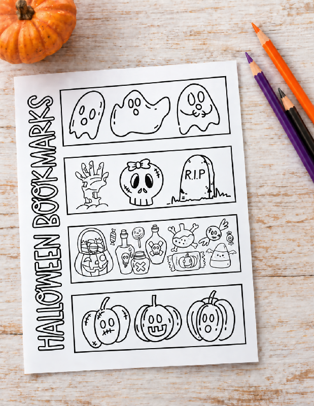 Halloween Coloring Bookmark Set, Autumn Craft and Reading Activity