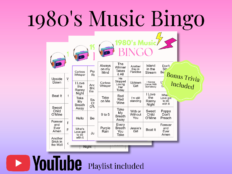 Bingo Game Bundle - Including 3 music bingos and 2 trivia bingos