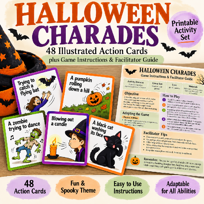 Halloween Charades – 48 Printable Illustrated Action Cards