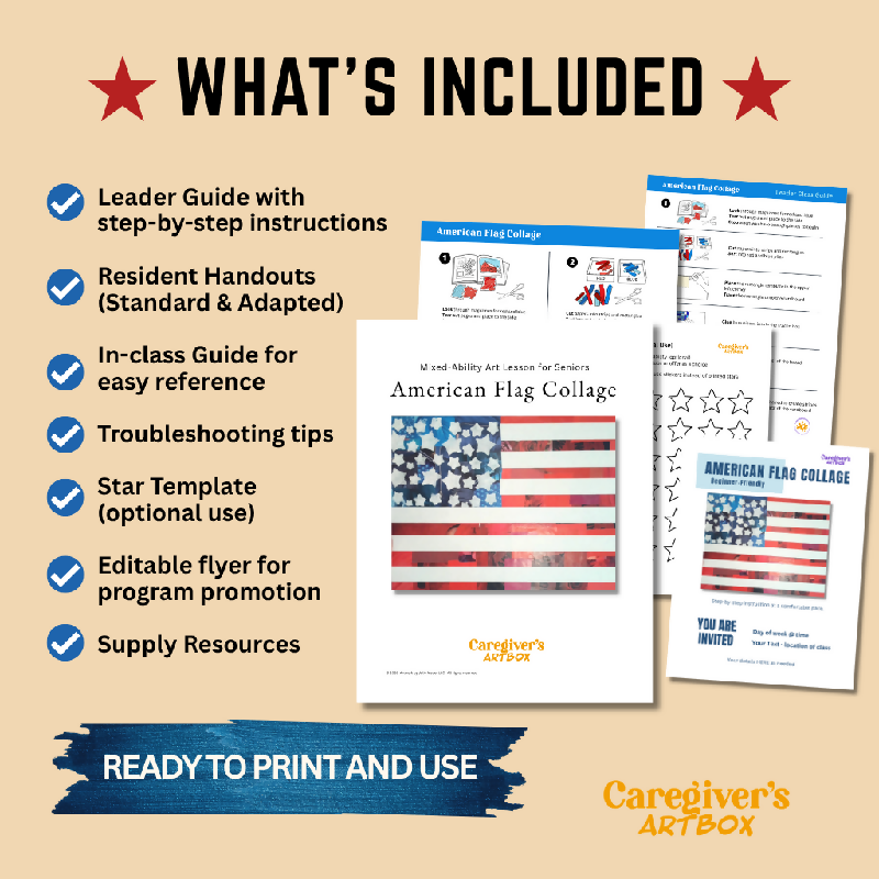 Overview graphic listing contents of American Flag Collage lesson including instructor guide, residents handouts, troubleshooting tips, template and editable flyer