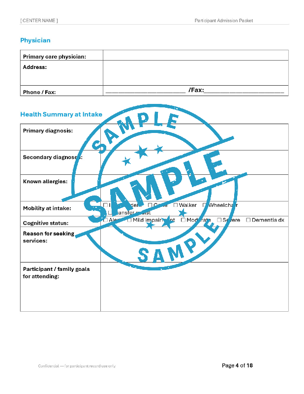 Adult Day Services Participant Admission Packet | Editable Word Intake Forms | Adult Day Care | Customizable Admission Forms