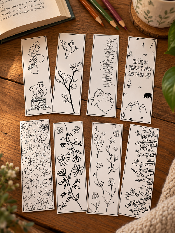 Floral & Woodland Animal Coloring Bookmark Pages, Nature Appreciation Activity