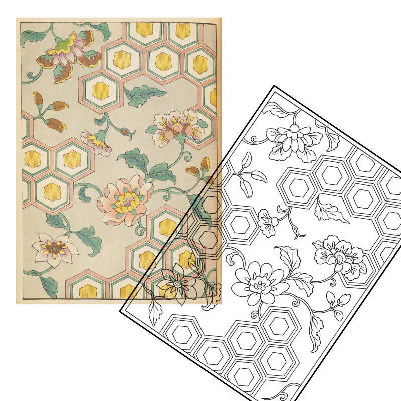 Shin-Bijutsukai Japanese Adult Coloring Book | Meiji Era Woodblock Prints & Floral Patterns | Dementia Activity | Art Therapy