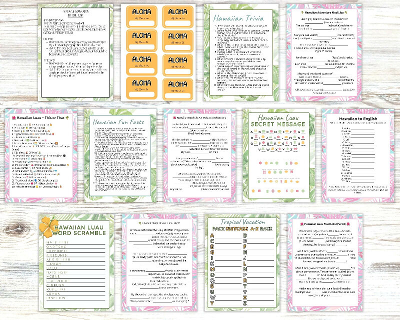 BIG Hawaiian Luau Activity Bundle, Bingo Boards, Playing Card, Scavenger Hunt, Includes Activity Protocols for Recreation Directors / Group