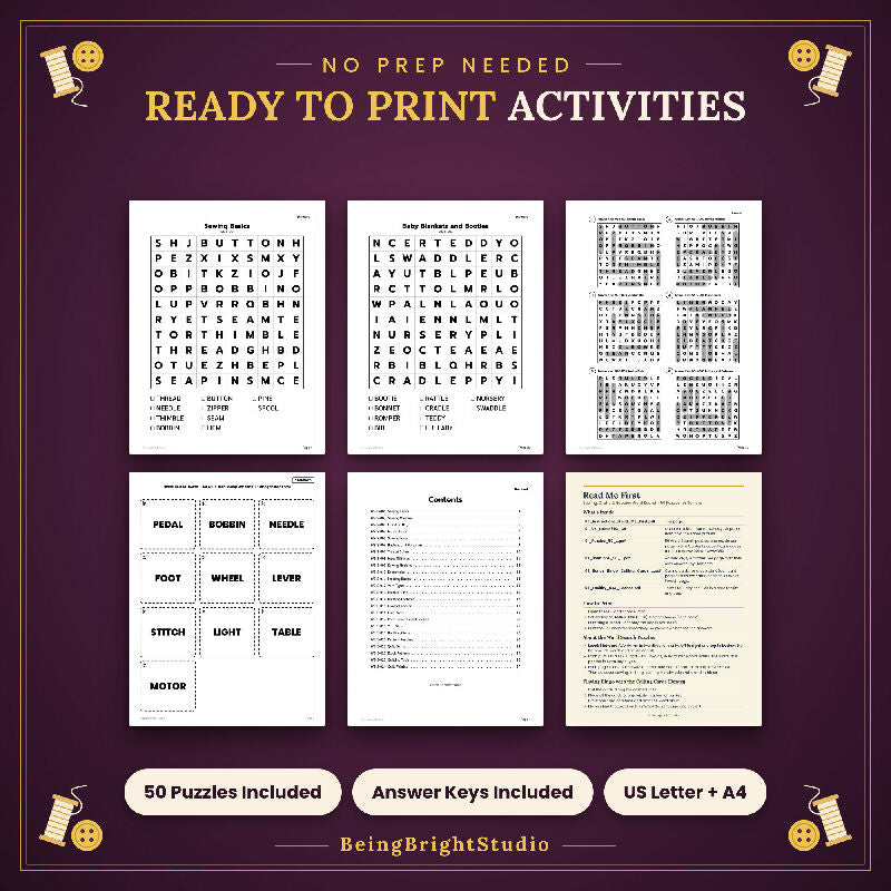 Sewing and Crafts Word Search for Activity Directors, 50 Extra Large Print Puzzles, Answer Keys, Bingo Cards