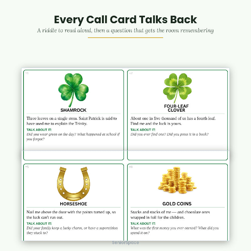 St Patrick's Day Bingo for Seniors, 25 Printable Cards, Call Cards with Clues, Memory Care Activity, Discussion cues, Instant Download