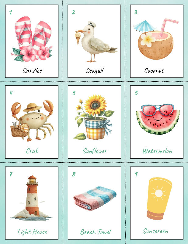 Printable Summer Bingo Game, 30 Boards with Calling Cards, Protocols for Bingo & Matching Game. No Prep, Print and Play Activity