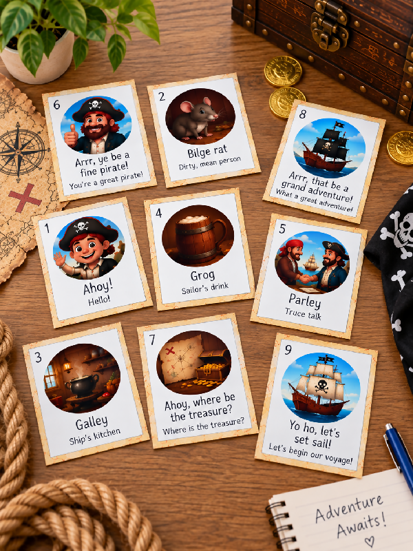 Talk Like a Pirate Day Activity, Let's Speak Pirate Bingo Game, With Playing Cards