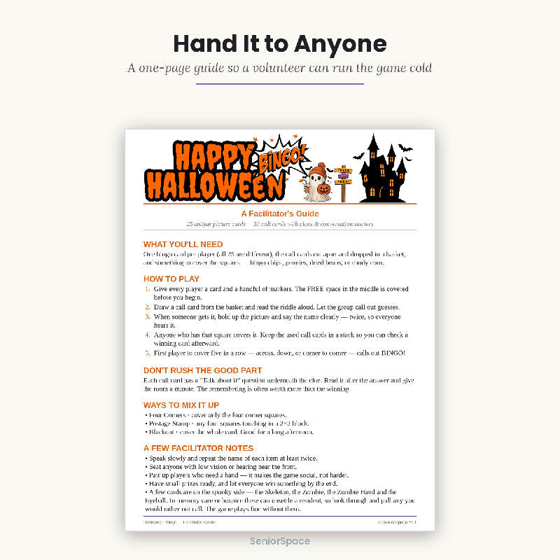 Printable Halloween Bingo for Seniors, 25 Unique Cards + 33 Call Cards with Clues, Senior Living October Activity, Download PDF