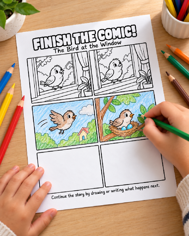 Finish the Comic, Create a Comic Book Coloring Page, Writing and Drawing Activity, 40 Story Panels, Printable Pages