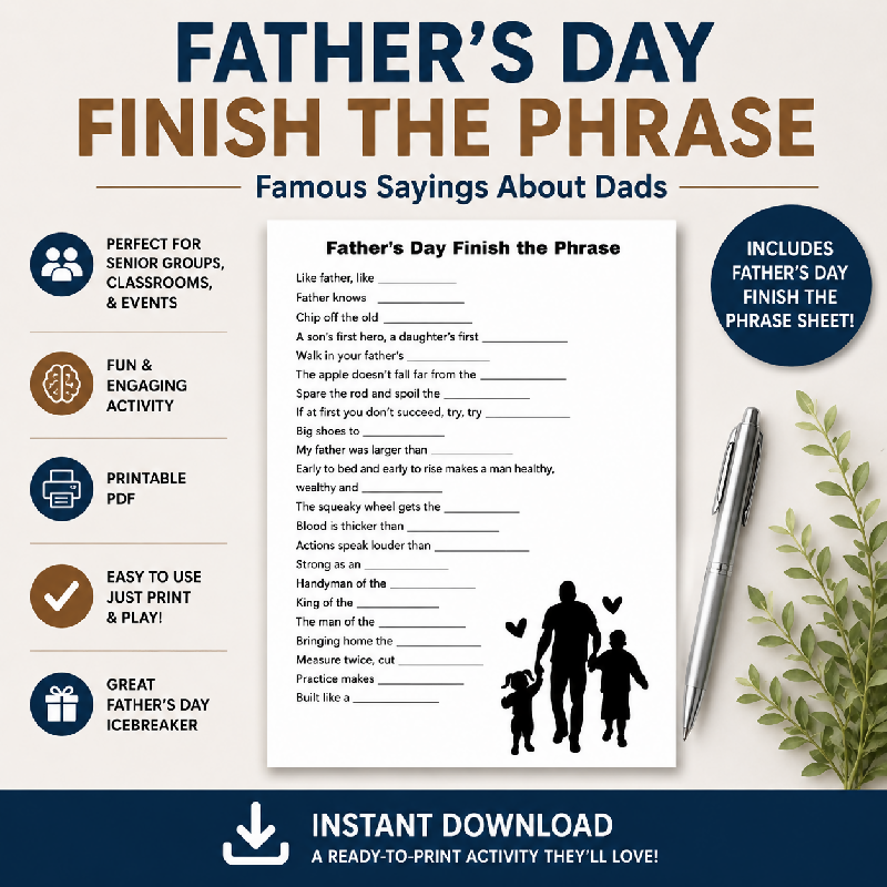 Father's Day Activity Bundle for Seniors | Famous Fathers Trivia PowerPoint, Father's Day Word Search, Finish the Phrase Game | Printable PDF