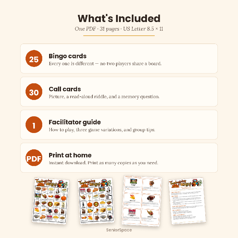 Thanksgiving Picture Bingo, 25 Printable Cards, Call Cards with Clues, Discussion Questions