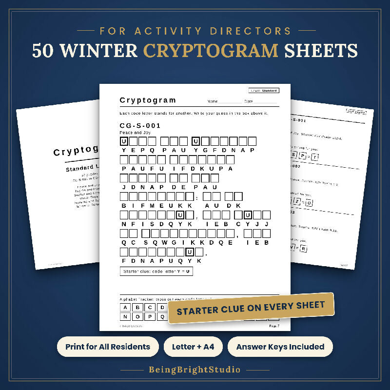 Winter Cryptogram Puzzles for Seniors | 50 Extra Large Print Pages | Activity Director Printable