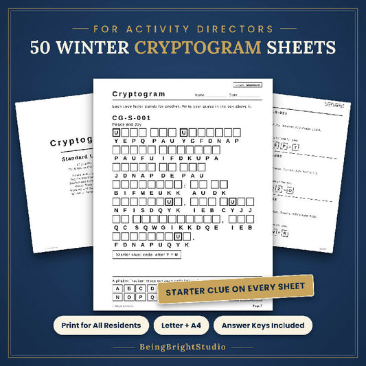 Winter Cryptogram Puzzles for Seniors | 50 Extra Large Print Pages | Activity Director Printable