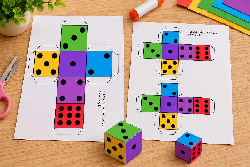 Printable Dice Template, Multiple Uses and Sizes, Cut - Fold - Glue Together, Black White and Color Versions Available, Two Sizes, Supplies for Group Activities