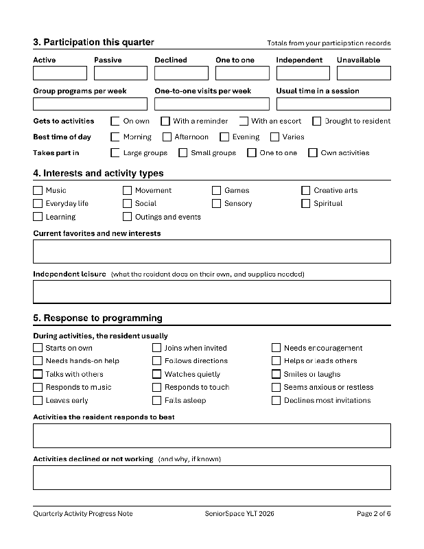 Quarterly Activity Progress Note Template, Fillable PDF for Activity Directors, Nursing Home Activity Documentation Form