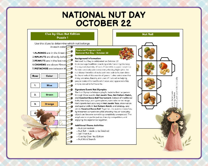 October Activity Plans for Seniors, Done-for-You, International Frugal Fun Day, National Dictionary Day & National Nut Day Engagement Activities for Senior Living
