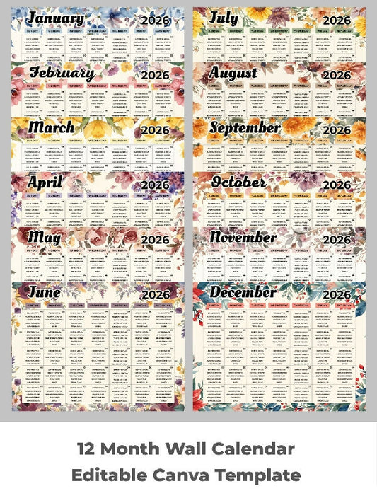 12 Month Calendar Templates Watercolor Floral Undated