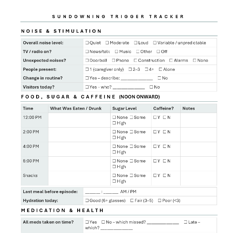 Sundowning Trigger Tracker for Activity Directors | Fillable PDF for Memory Care & Dementia Programming