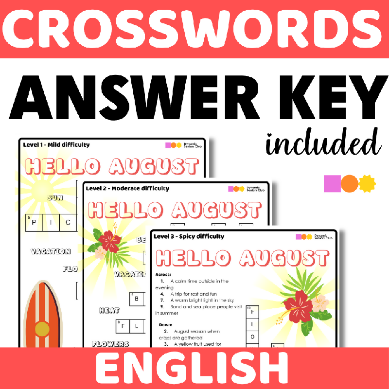 Summer Crossword Puzzles for Seniors | August-Themed Printable Brain Activities for Fine Motor & Cognitive Practice for Older Adults