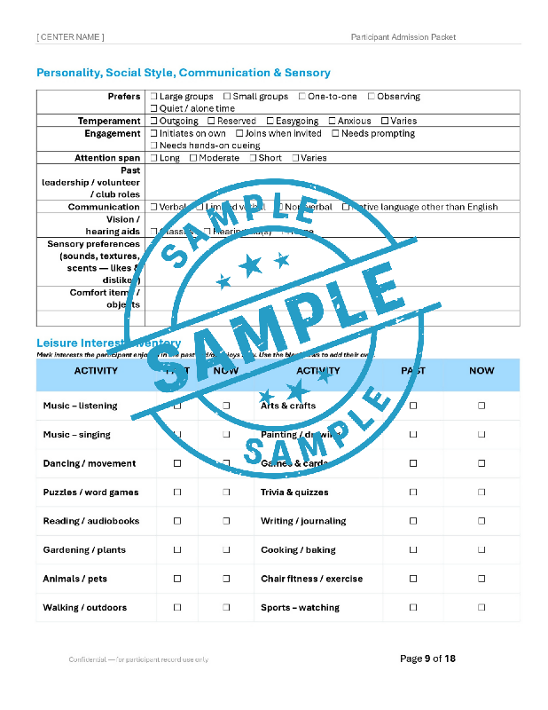 Adult Day Services Participant Admission Packet | Editable Word Intake Forms | Adult Day Care | Customizable Admission Forms