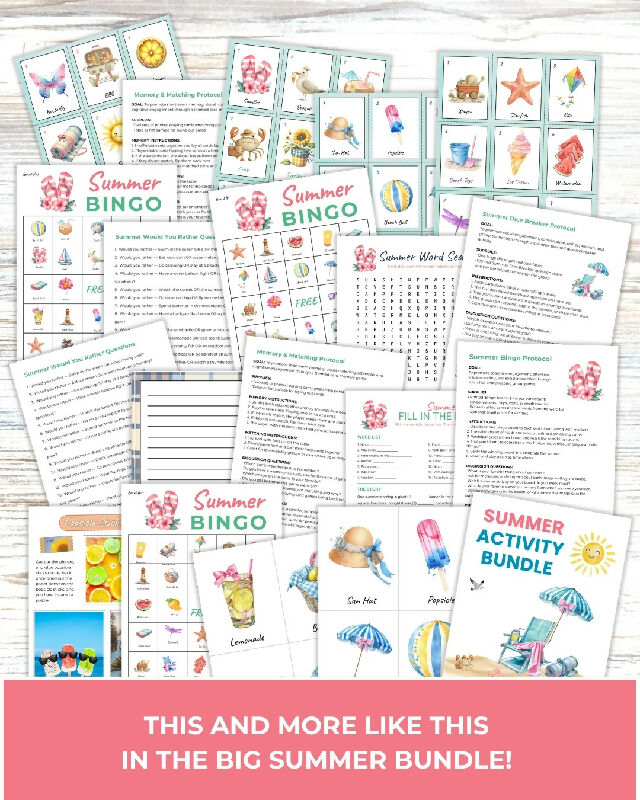 Printable Summer Bingo Game, 30 Boards with Calling Cards, Protocols for Bingo & Matching Game. No Prep, Print and Play Activity