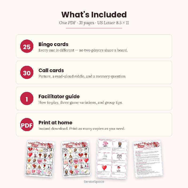 Valentine's Day Bingo, 25 Printable Cards, Call Cards with Clues, Senior Activity, Reminisce Cues, Instant Download