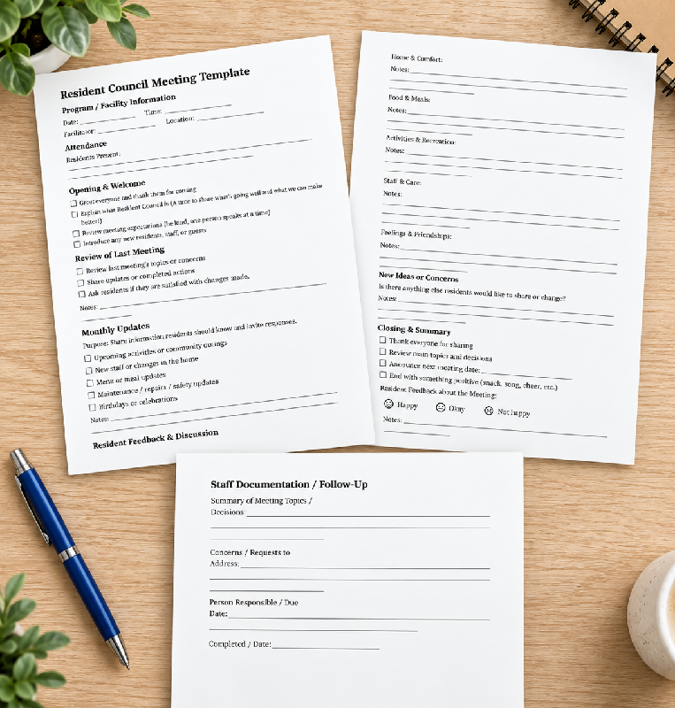 Resident Council Meeting Agenda, Editable Template with Notes and Staff Follow Up