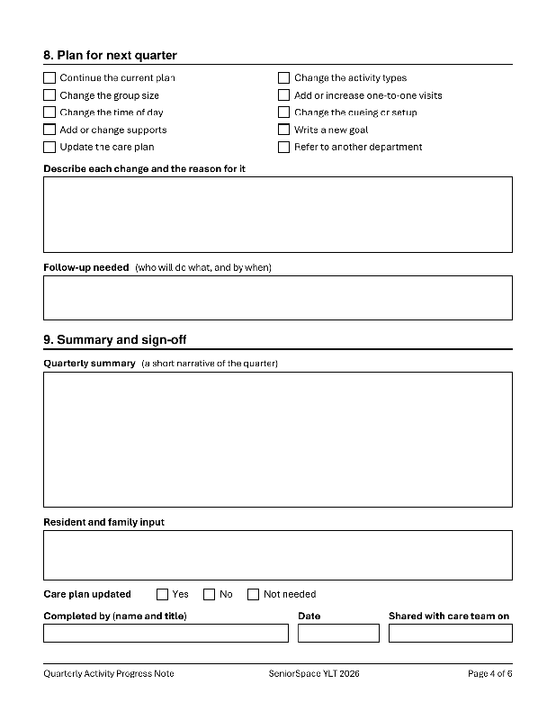 Quarterly Activity Progress Note Template, Fillable PDF for Activity Directors, Nursing Home Activity Documentation Form