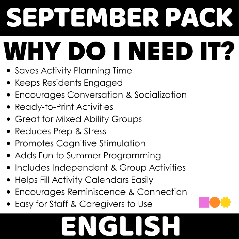 September Pack of Activities for Seniors Bundle | Activities, Games, Trivia, Bingo, Crafts, Reminiscence, Conversation Starters, Cognitive Stimulation, Assisted Living, Nursing Home, Memory Care & Senior Center Full Packet of Activities