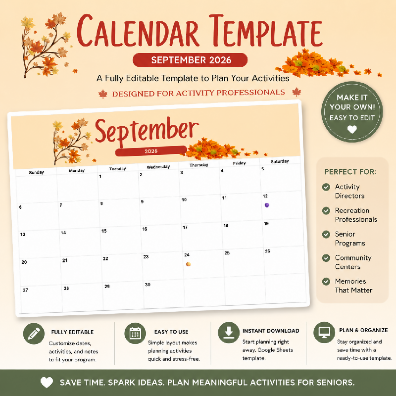 September Activity Calendar Ideas | Editable Google Sheets Calendar Template | Senior Activities | Recreation Planning Tool