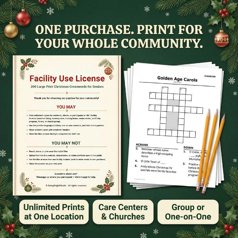 200 Large Print Christmas Crosswords for Seniors – Group Activity Set
