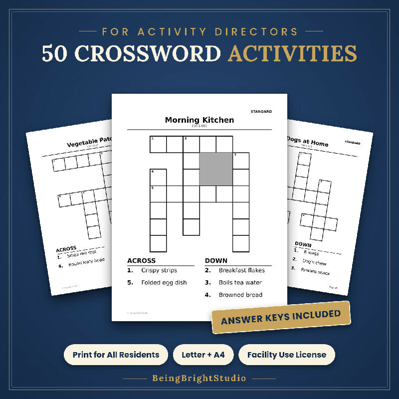 Large Print Crossword Puzzles for Seniors, 50 Printable Everyday Themes, Activity Director Handouts, Letter A4