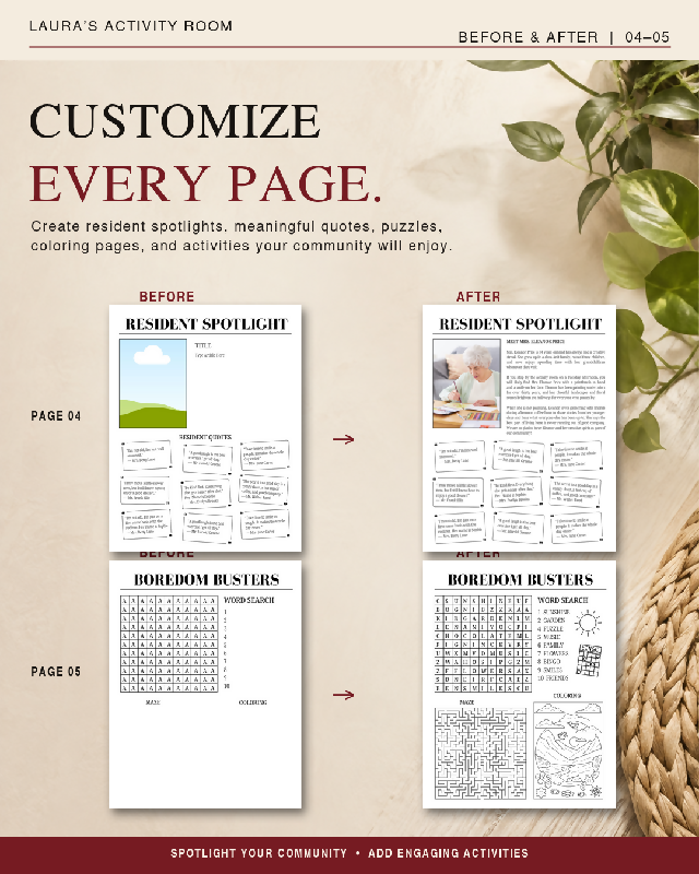 Newsletter for Activity Directors and Long Term Care Professionals, Alternative to Publisher - Editable Canva Template, Upcoming Activity Notices, Updates, Spotlights & More