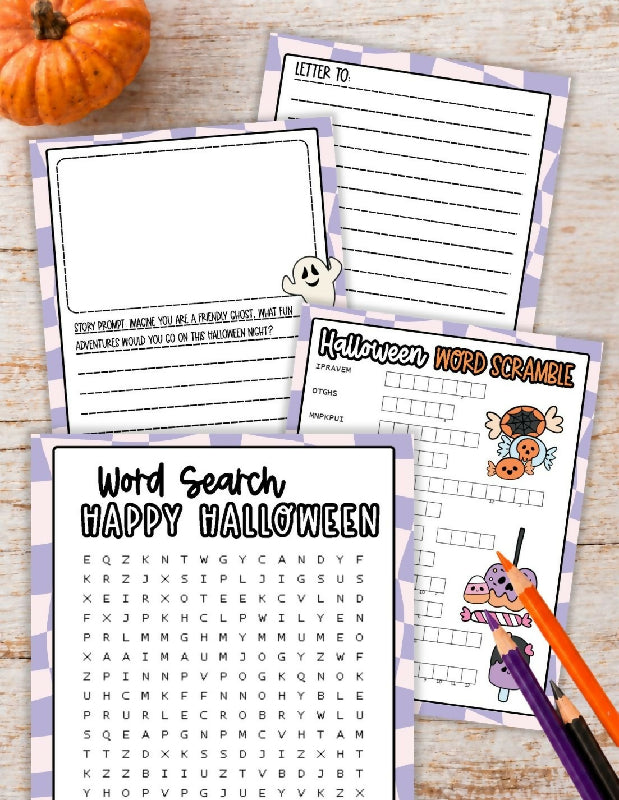 Individual Word Activities for Halloween: Word Search, Word Scramble, Story Prompts, Stationary Template,