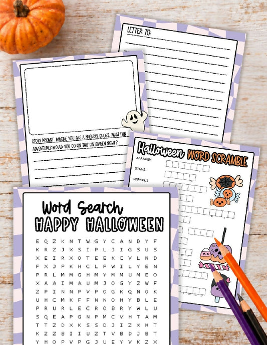 Individual Word Activities for Halloween: Word Search, Word Scramble, Story Prompts, Stationary Template,