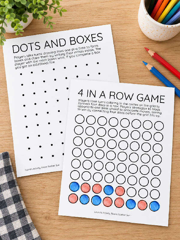 FREE RESOURCE - Printable Dots and Boxes Board, 4 in a Row Board - Printable Games for 1:1 Activities or Peer Leisure Activities
