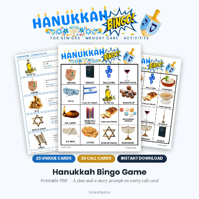Hanukkah Bingo, 25 Printable Cards, Chanukah Call Cards with Clues, Discussion Cards, Instant Download