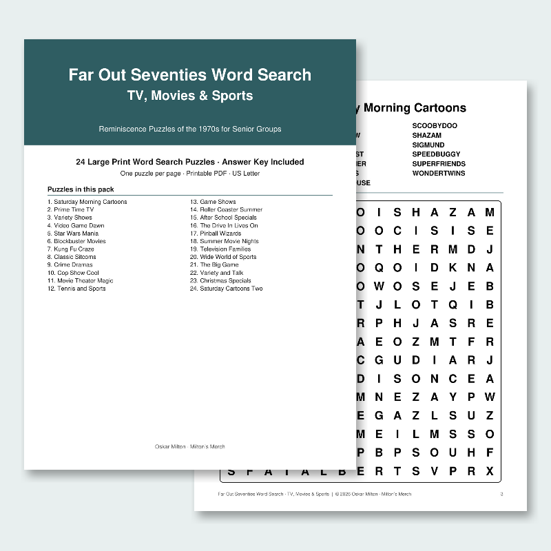 1970s Word Search for Seniors, TV, Movies & Sports: 24 Large Print Nostalgia Puzzles (Printable PDF)