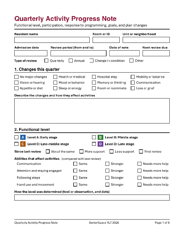 Quarterly Activity Progress Note Template, Fillable PDF for Activity Directors, Nursing Home Activity Documentation Form