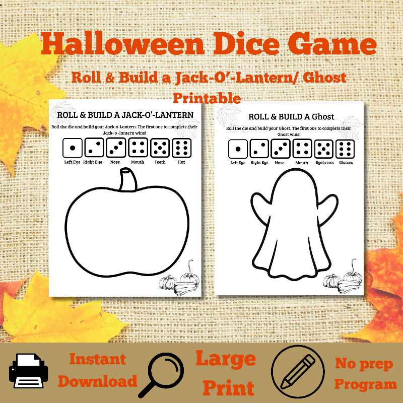 Roll & Build a Jack-O-Lantern & Ghost Halloween Dice Game | Printable Activity for Seniors | 6 Designs Instant PDF